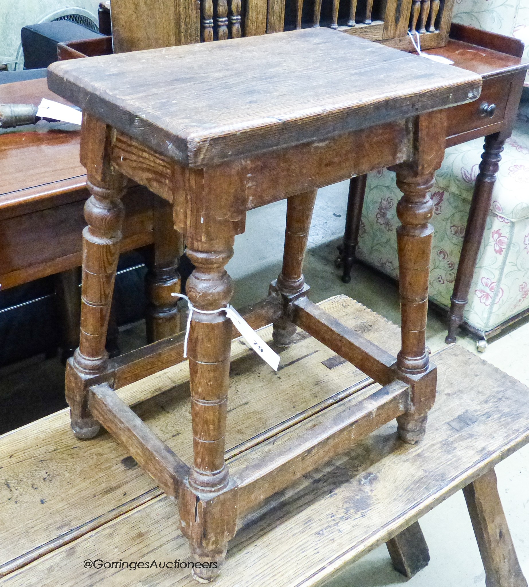 A pair of late 18th / early 19th century oak and elm benches, length 120cm, depth 22cm, height 43cm together with a pine joint stool